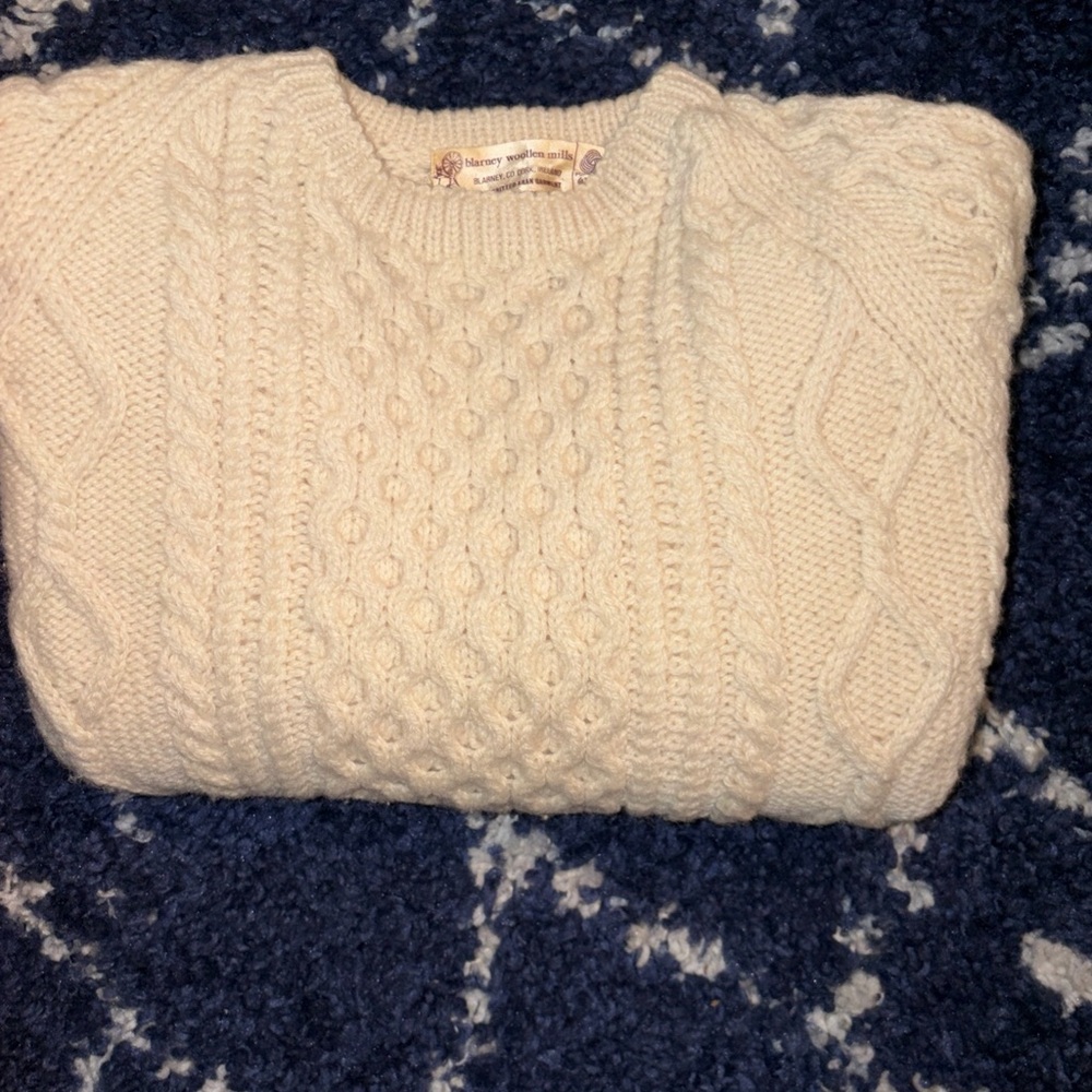 VTG Blarney Woolen Mills Ivory Thick Chunky Wool Knit Fisherman Sweater Large